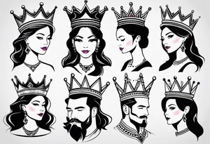 his and her crowns. Crowns only. Simplistic and detailed. fine lines Geometric design. no shading. tattoo idea
