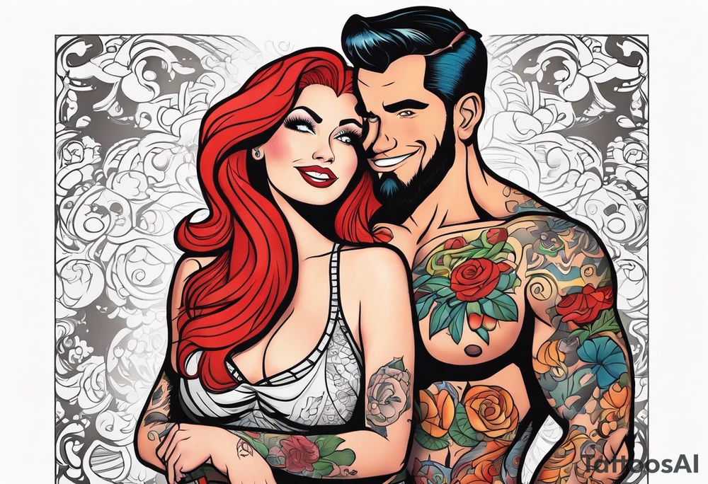 Busty Red haired woman with tall  black haired man tattoo idea