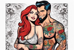 Busty Red haired woman with tall  black haired man tattoo idea