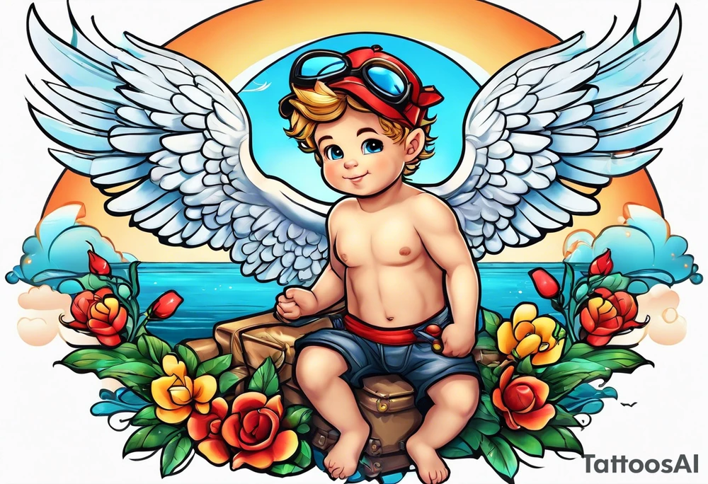 cupido  fly boy with wings, background sea tattoo idea
