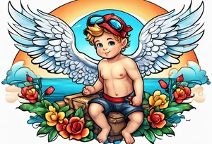 cupido  fly boy with wings, background sea tattoo idea