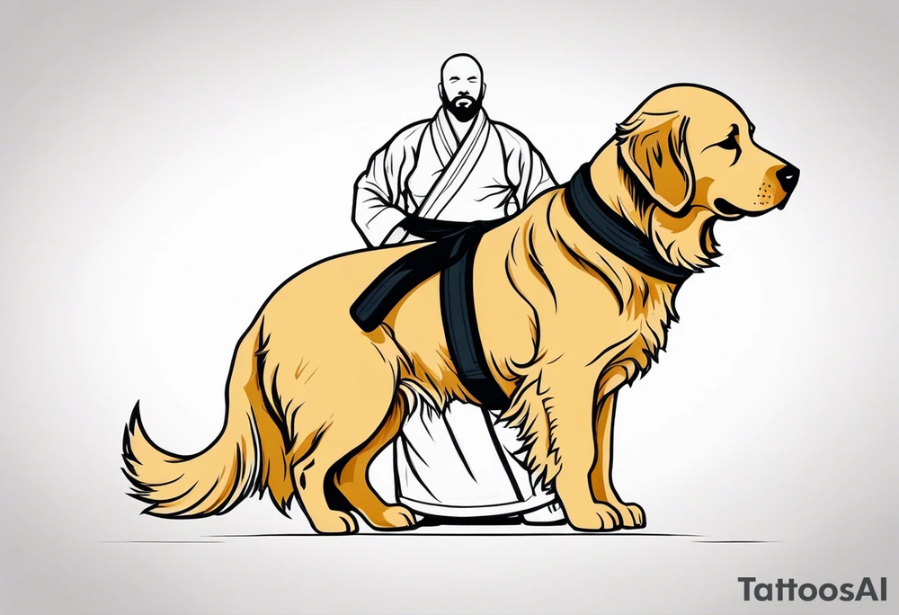 a golden retriever in a jujitsu gi including belt full body view tattoo idea