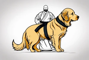 a golden retriever in a jujitsu gi including belt full body view tattoo idea