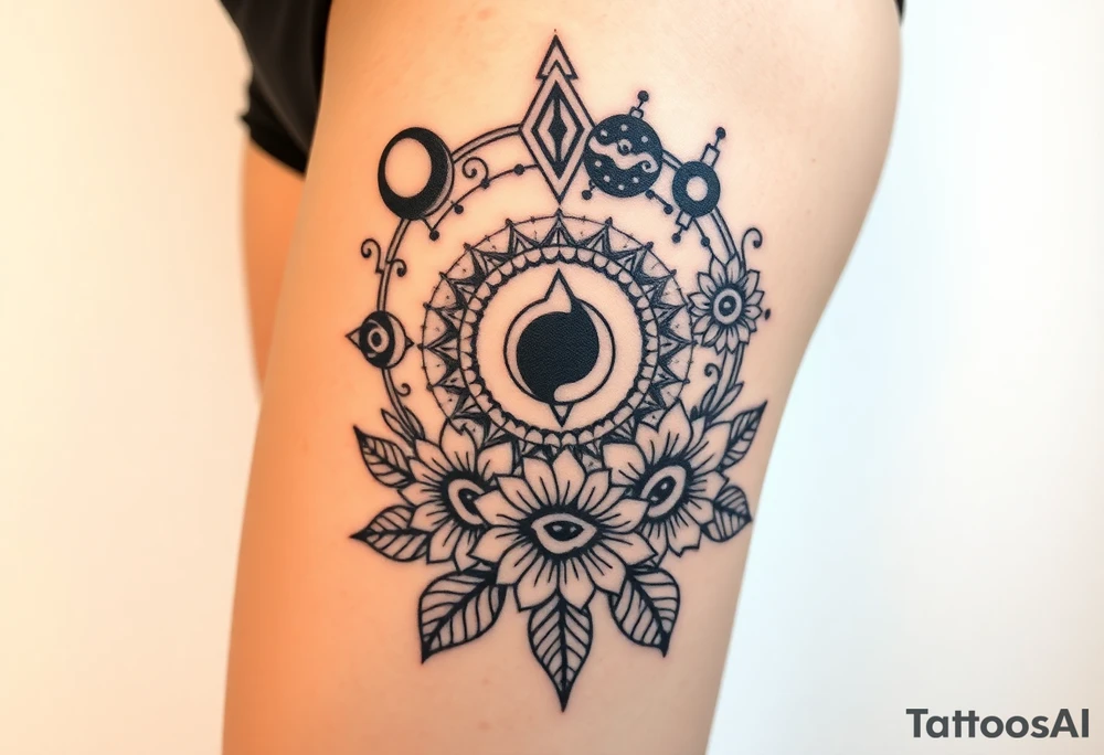Milky way galaxy with planets with zodiac symbols and protection runes in it with tigerlillies roses and sunflowers tattoo idea