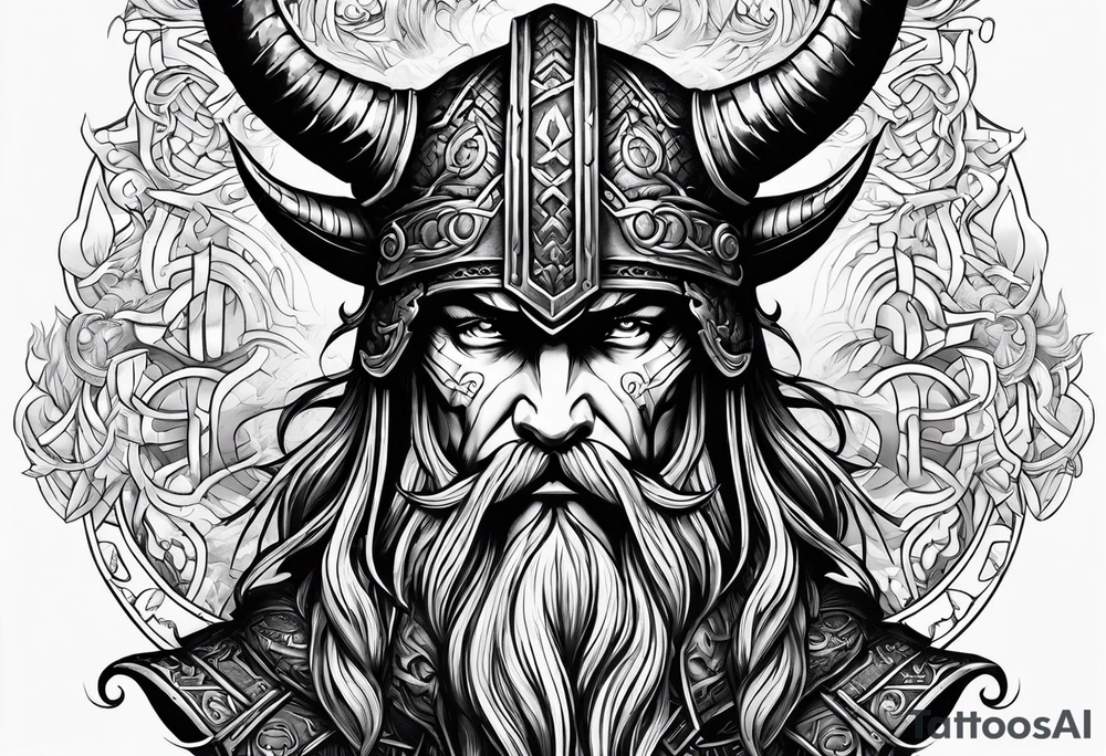 Odins face with a helmet on that has horns, lightning running through it, and other Norse mythological objects in around tattoo idea