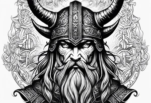 Odins face with a helmet on that has horns, lightning running through it, and other Norse mythological objects in around tattoo idea