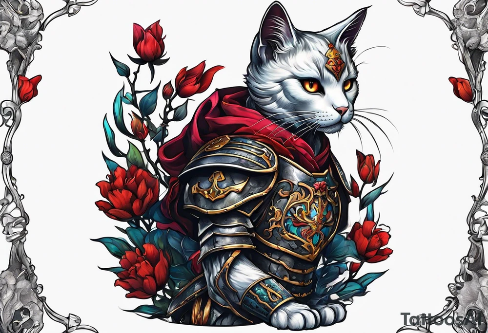 Skeleton cat in armor tattoo idea