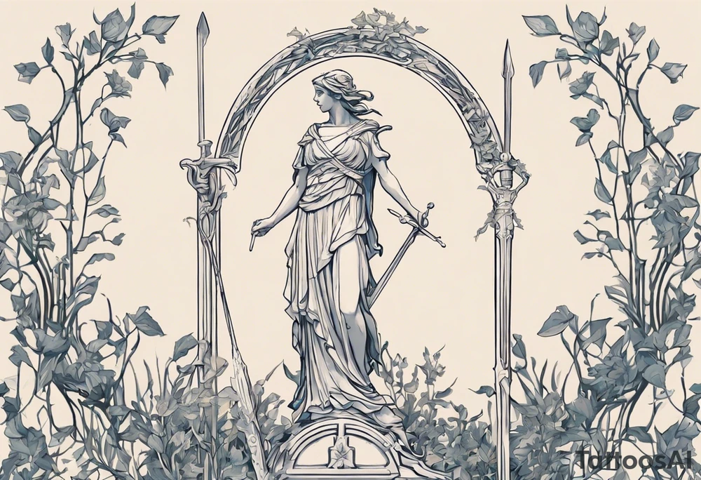 **Design Concept: Athena's Garden**

*Central Focus:*
- Place a small, delicately detailed Athena historic statue with a shield and sword
*Surrounding Elements:*
- Intertwine the statue with vines that gracefully flow outwards, connecting seamlessly with Vincent van Gogh's Irises tattoo.

*Geometric Accents:*
- Incorporate geometric shapes around the shield and vines, creating a structured and visually appealing framework. The shapes could represent elements like knowledge, strength, and protection associated with Athena.

*Athena's Symbols:*
- Include Athena's spear and olive branch as smaller elements within the vine design. They can be strategically placed to enhance the overall balance and symbolism.

*Van Gogh's Irises:*
- Integrate the irises into the vine design, allowing them to gracefully intertwine. Pay attention to the delicate details of the irises, ensuring they complement the overall aesthetic.

 Consider earthy greens for the vines complemented by subtle purples and blues for the irises.

*Placement:*
- Given the detailed and intricate nature of the design, the upper chest provides a suitable canvas for the tattoo. Ensure the design is scaled appropriately to fit the chosen placement. tattoo idea
