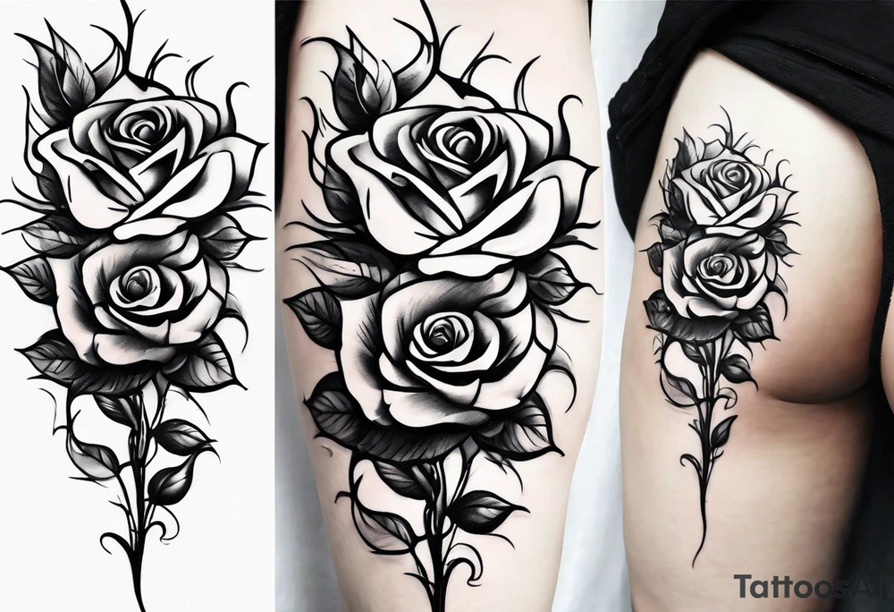 long vertical tattoo to cover my whole shin showing two roses with their stems intertwined, one stem should have thorns and one should be thornless I want a long stem to shower them intertwined tattoo idea