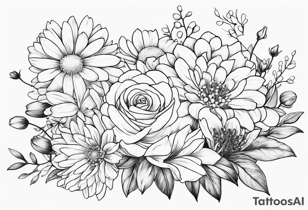 Asters, roses, lily of the valley, and chrysanthemums in a long line tattoo idea