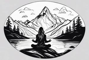 a meditating long haired man by the mountain river tattoo idea