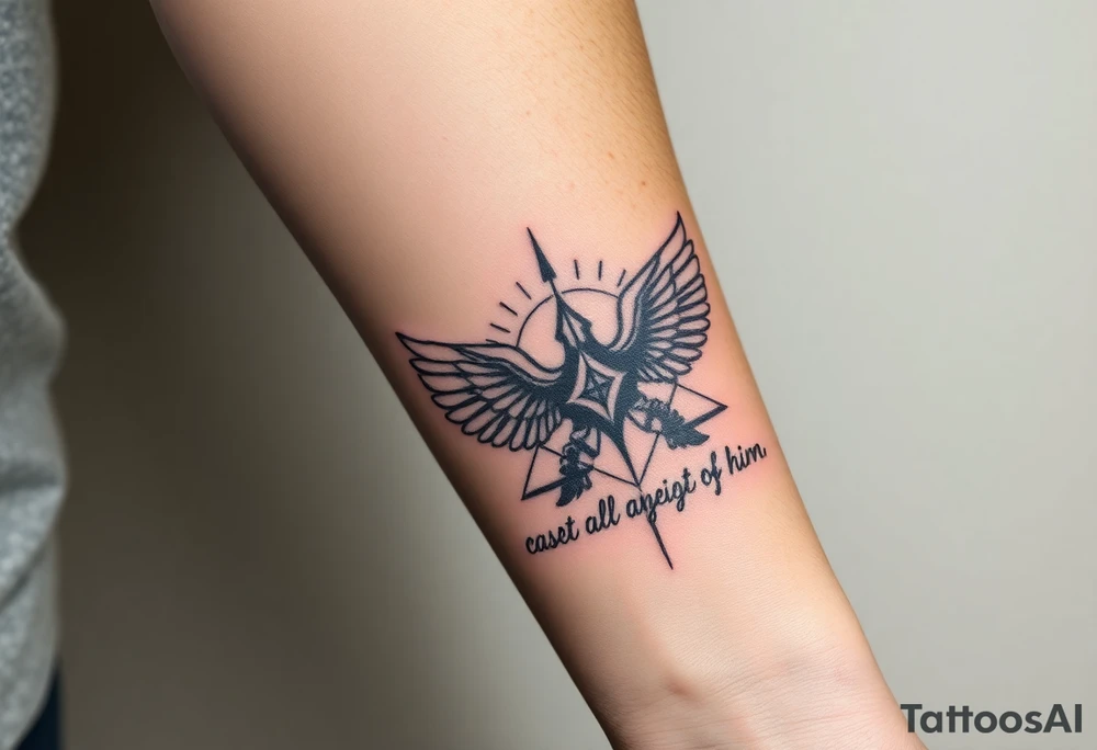 cast all your anxiety on him because he cares for you" with angels tattoo idea