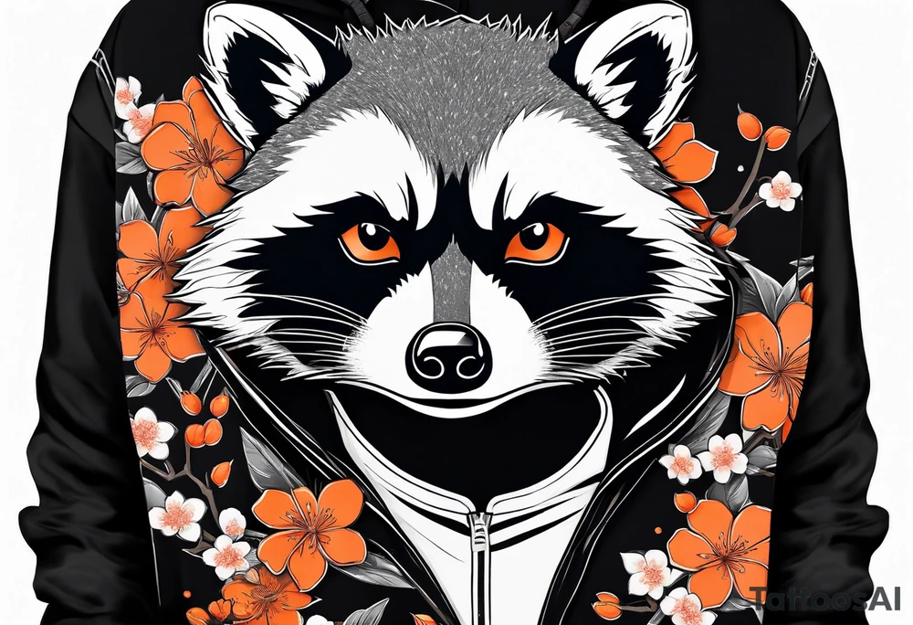 Raccoon wearing a white Superman logo on a black hoodie and orange Japanese cherry blossoms beside tattoo idea