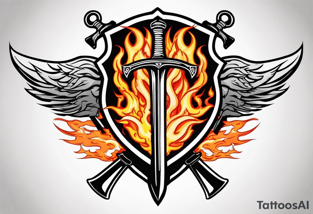 Valhalla on fire
flames sword shield barb wire tattoo idea
