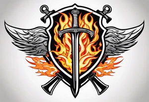 Valhalla on fire 
flames sword shield barb wire tattoo idea