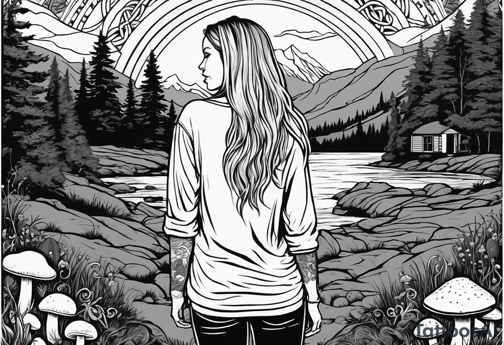 Whole picture encircled fully

Straight long blonde hair hippie girl in distance holding mushrooms in hand facing away toward mountains and creek surrounded by mushrooms long sleeve shirt and hiking pants; whole rendering within a full celtic circle, no cut off circle tattoo idea