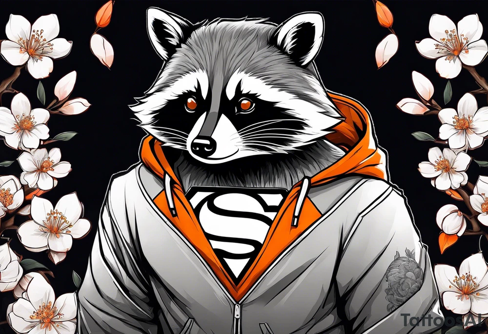 Raccoon wearing a white Superman logo on a black hoodie and orange Japanese cherry blossoms tattoo idea