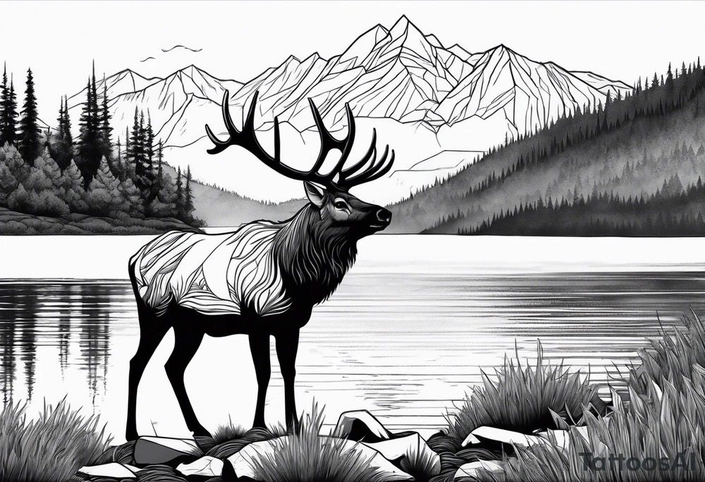 majestic elk near a lake, with mountains in the background tattoo idea