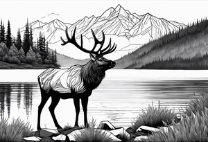 majestic elk near a lake, with mountains in the background tattoo idea