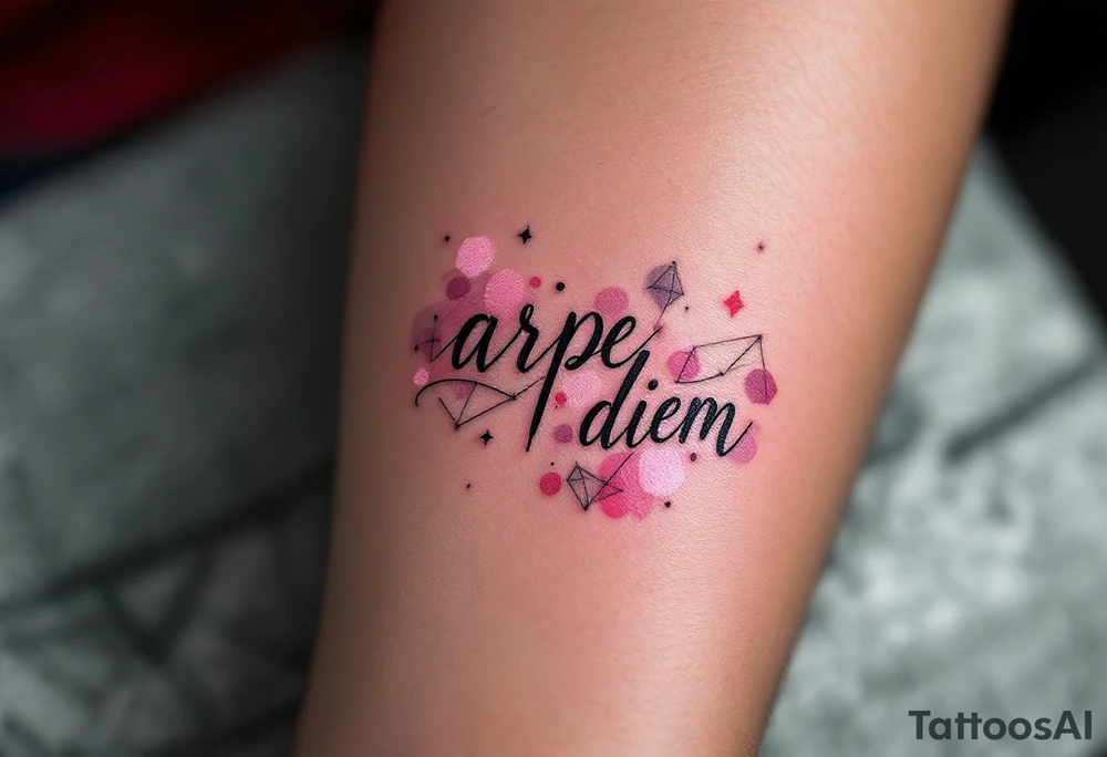 Pink ink lettering "arpe diem" on darker skin, glowing subtly like chalk on a blackboard, surrounded by geometric shapes. tattoo idea