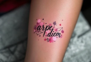 Pink ink lettering "arpe diem" on darker skin, glowing subtly like chalk on a blackboard, surrounded by geometric shapes. tattoo idea