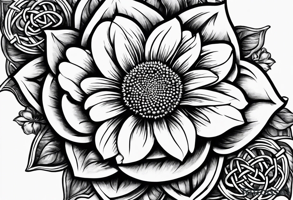 book with daisy bouquet and a sunflower and a celtic dara knot tattoo idea
