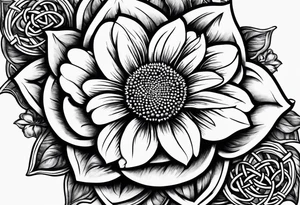 book with daisy bouquet and a sunflower and a celtic dara knot tattoo idea