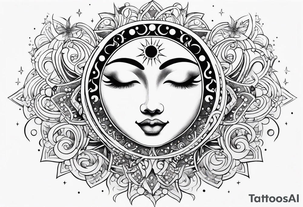 Feminine Sun and moon. Freeform rectangular sternum swirls with dots and stars tattoo idea