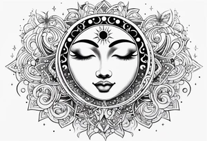 Feminine Sun and moon. Freeform rectangular sternum swirls with dots and stars tattoo idea