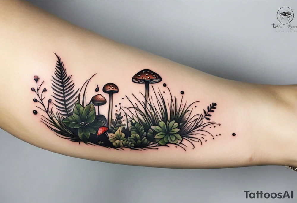 minimalistic forest floor inspired tattoo, which includes grass, moss, curly ferns and dead leaves as the bulk of the tattoo. details to include: forest berries, couple of very small brown mushrooms, a tiny bumblebee flying nearby tattoo idea