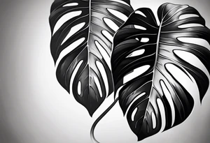 Abstract but realistic monstera leaf tattoo to go on the right leg on the outside of the leg next to the shin with a stem going down behind the ankle. Make it not so dark with lighter shading tattoo idea