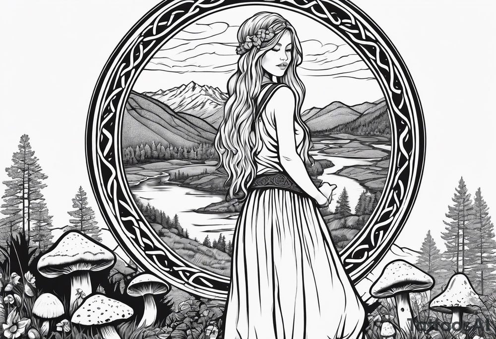Whole picture encircled fully

Straight long blonde hair hippie girl in distance holding mushrooms in hand facing away toward mountains and creek surrounded by mushrooms long sleeve shirt and hiking pants; whole rendering within a full celtic circle, no cut off circle tattoo idea