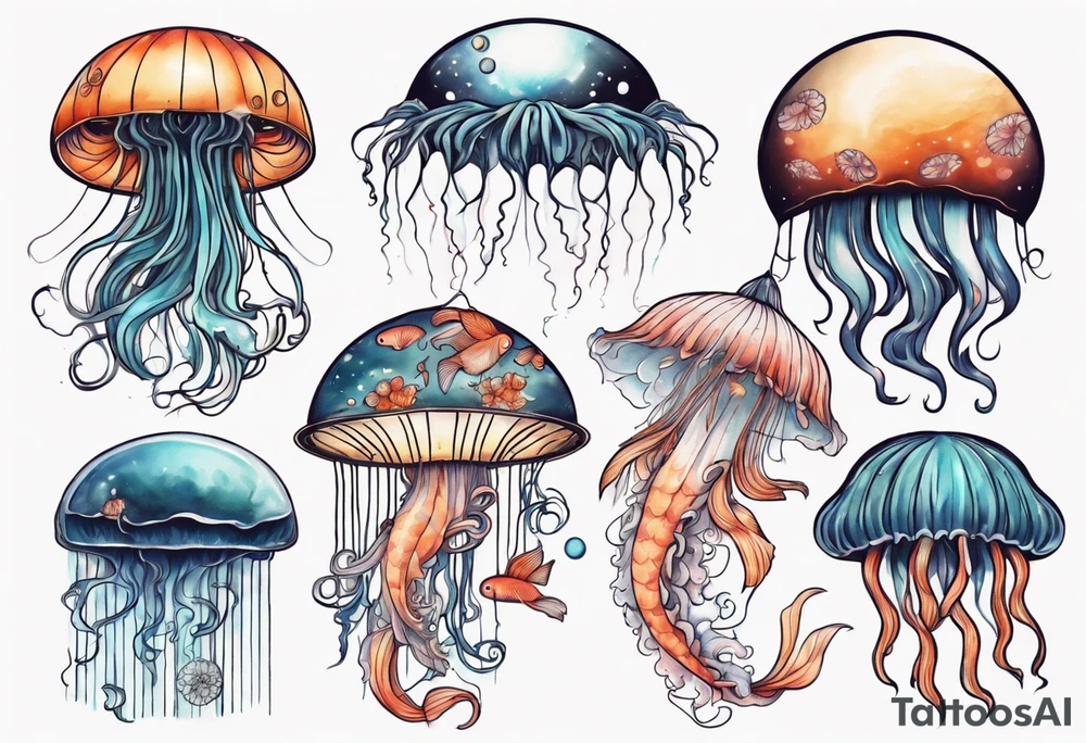 1 jellyfish with the moon in the lid. Then with mini koi carp and jellyfish swimming amongst the tentacles tattoo idea
