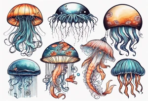 1 jellyfish with the moon in the lid. Then with mini koi carp and jellyfish swimming amongst the tentacles tattoo idea