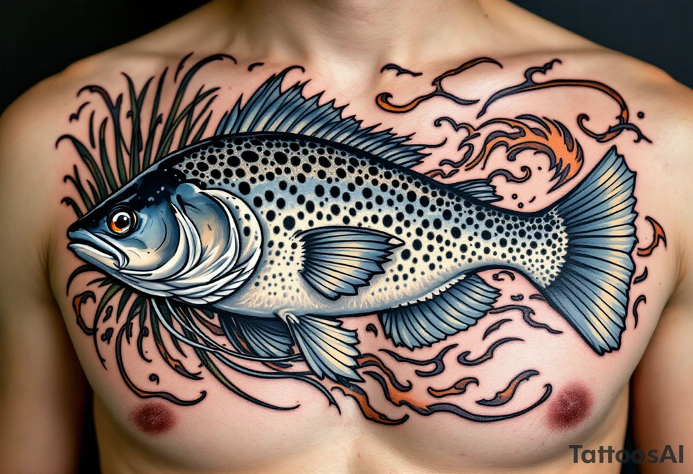 Traditional Southern Catfish – A thick-bodied catfish with blue-gray skin, long flowing whiskers, and dark spots along its back. Surrounded by murky water swirls and reeds, in a classic Americana style. tattoo idea