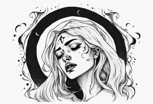 crescent moon with crying woman. she's crying tears of blood. her face is part of the moon. you can't see all of her face tattoo idea