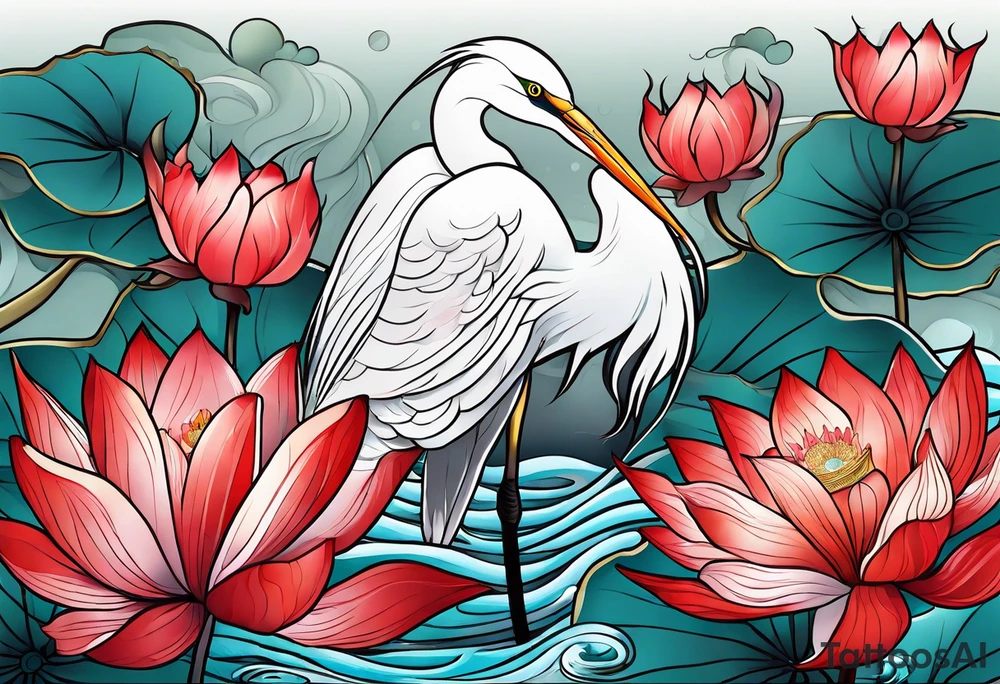 Egret and red lotuses tattoo idea