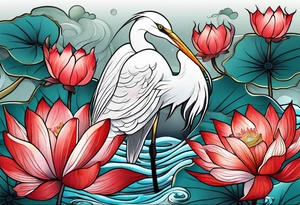Egret and red lotuses tattoo idea