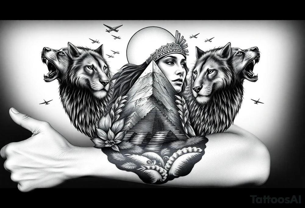 A native indian woman with surrounded by Wolves & Lions behind a Pyramids & mountain with the sun overhead & jets flying in the air tattoo idea