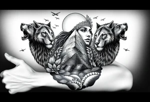 A native indian woman with surrounded by Wolves & Lions behind a Pyramids & mountain with the sun overhead & jets flying in the air tattoo idea