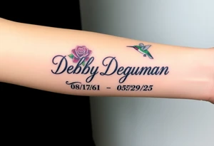 Bold curly Cursive name Debby Deguzman surrounded by a hummingbird a rose and these dates 08/17/61 - 05/29/25 tattoo idea