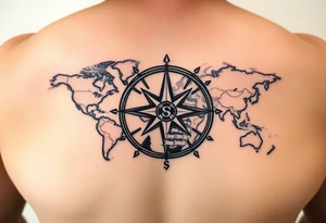 antique compass rose overlaid on weathered world map with sailing ships tattoo idea