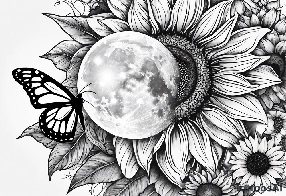 Zodiac sign Cancer, moon, sunflower, flowers, fairy, love, kind, fierce, sun, caring, butterfly, stars tattoo idea