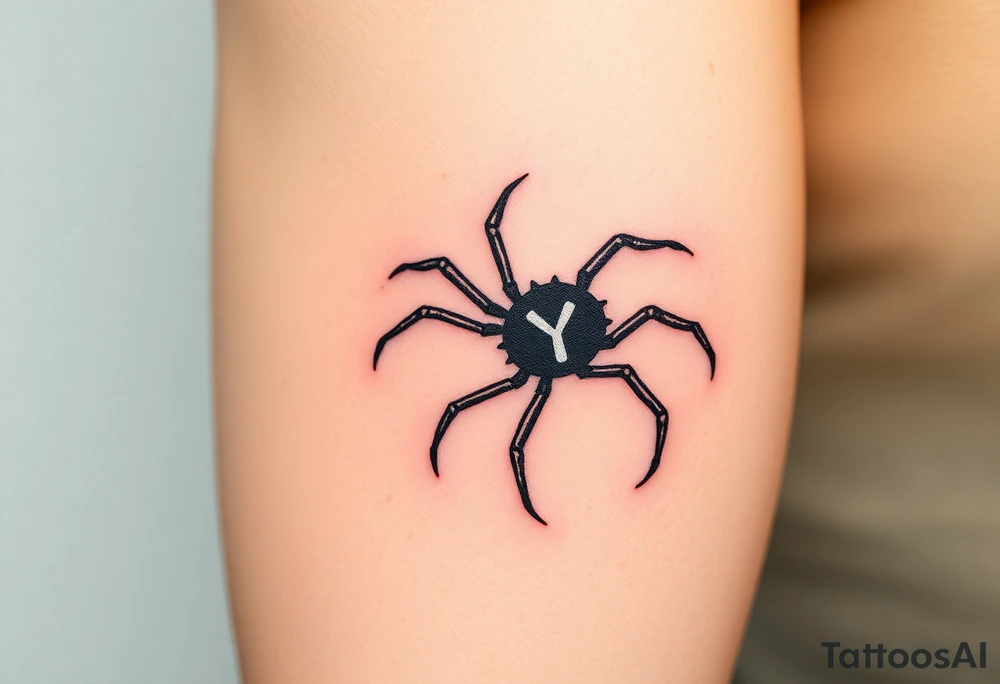 Black widow Spider crawling down sideways with the letter Y on the body of the spider tattoo idea