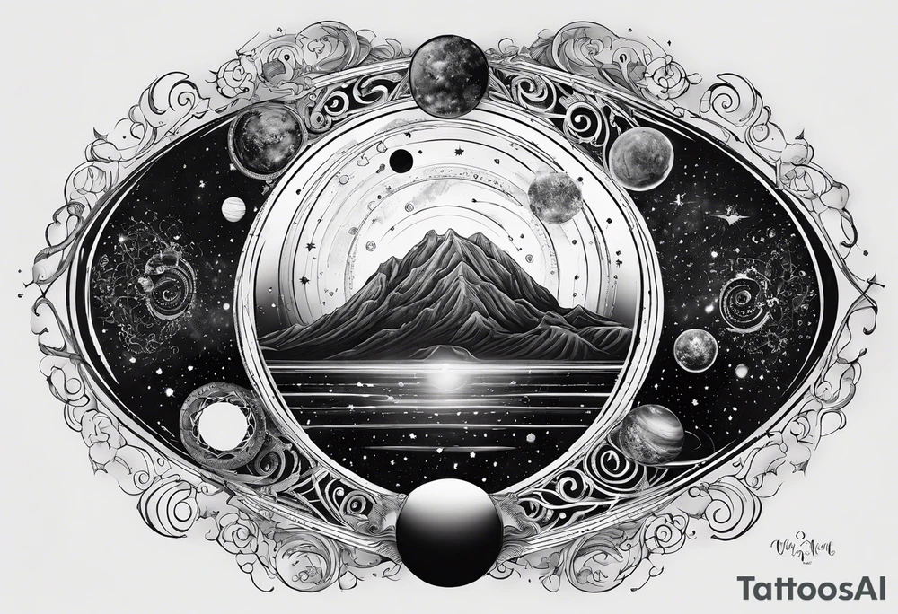 A tattoo featuring a cosmic scene with planets, black holes, and supernovae intertwined with intricate linguistic symbols, reflecting the client's interests in cosmology and linguistics. tattoo idea