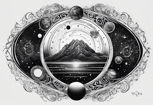 A tattoo featuring a cosmic scene with planets, black holes, and supernovae intertwined with intricate linguistic symbols, reflecting the client's interests in cosmology and linguistics. tattoo idea