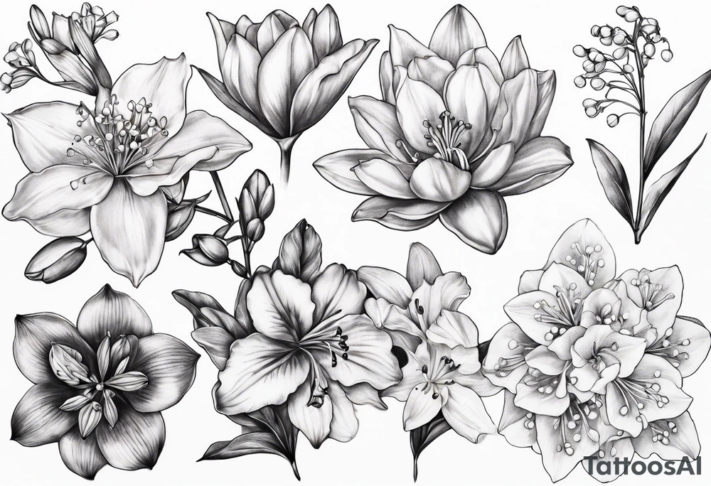 Larkspur, Lily of the valley, water, lily, Hawthorne, flower, carnation, snowdrop flower half sleeve tattoo idea