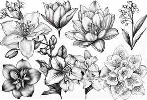 Larkspur, Lily of the valley, water, lily, Hawthorne, flower, carnation, snowdrop flower half sleeve tattoo idea