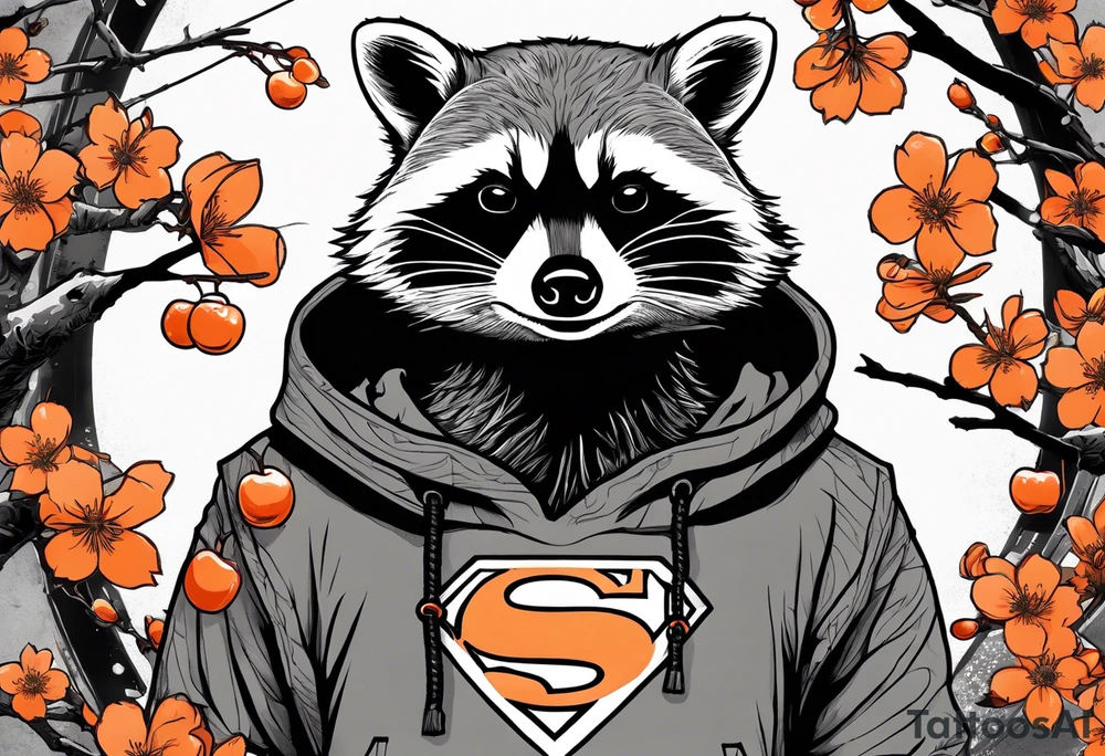 raccoon wearing a Superman hoodie with orange cherry blossoms tattoo idea