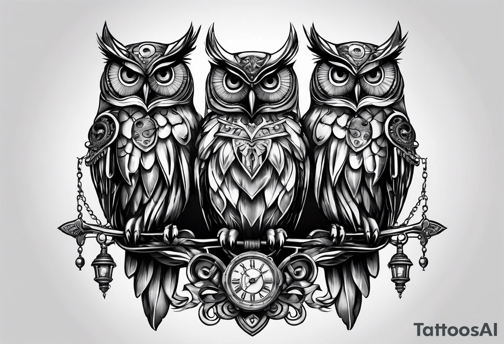 three headed owl in steampunk tattoo idea